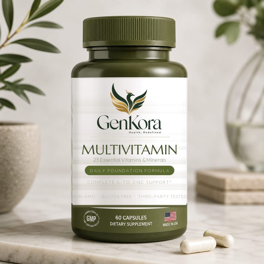 GenKora Multivitamin bottle — 23 essential vitamins and minerals, 60 capsules