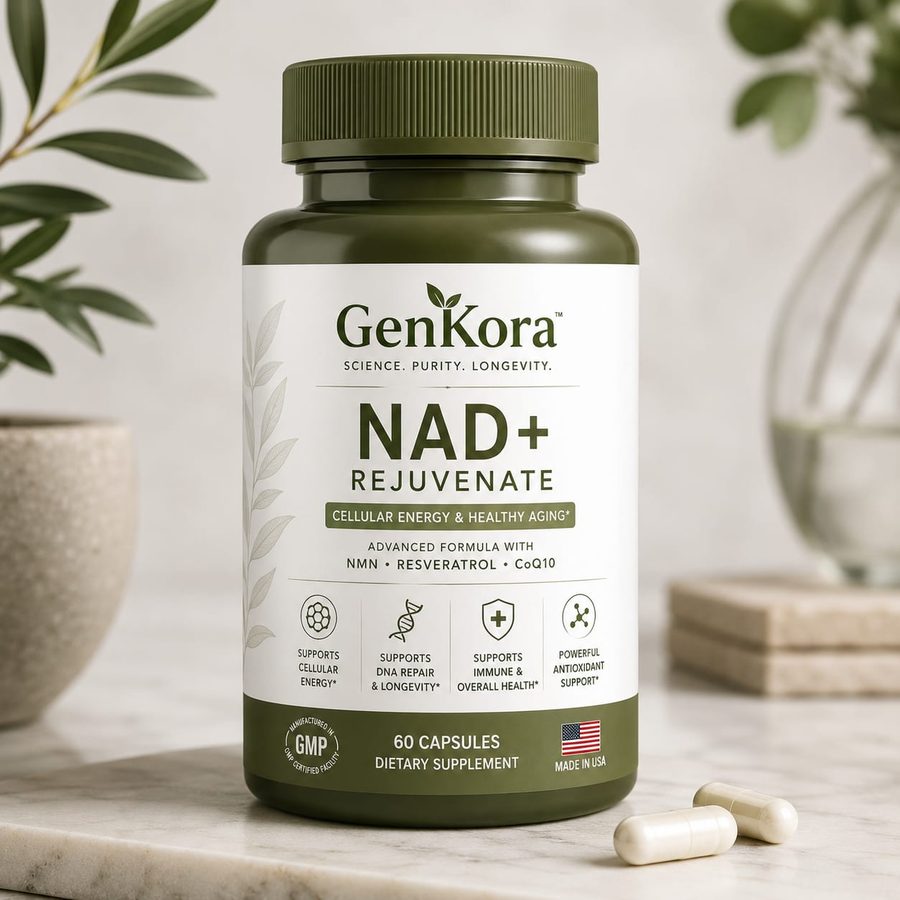 GenKora NAD+ Rejuvenate — advanced formula with NMN, Resveratrol, and CoQ10