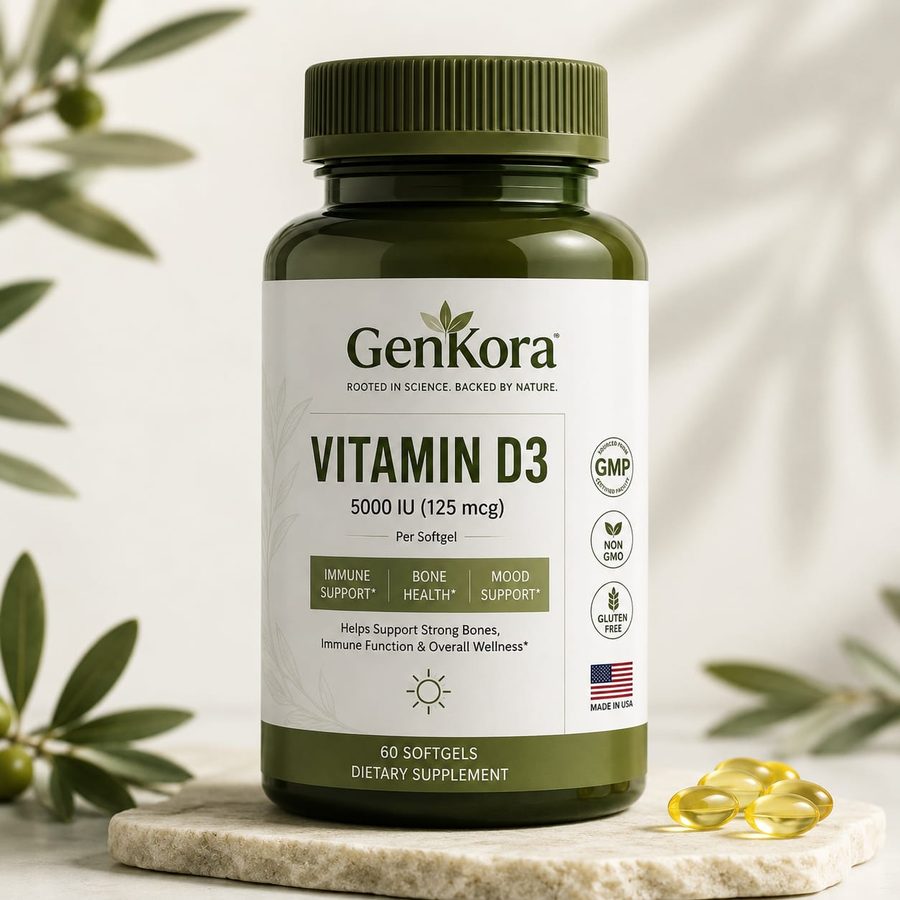GenKora Vitamin D3 5000 IU — 60 softgels for immune support, bone health, and mood