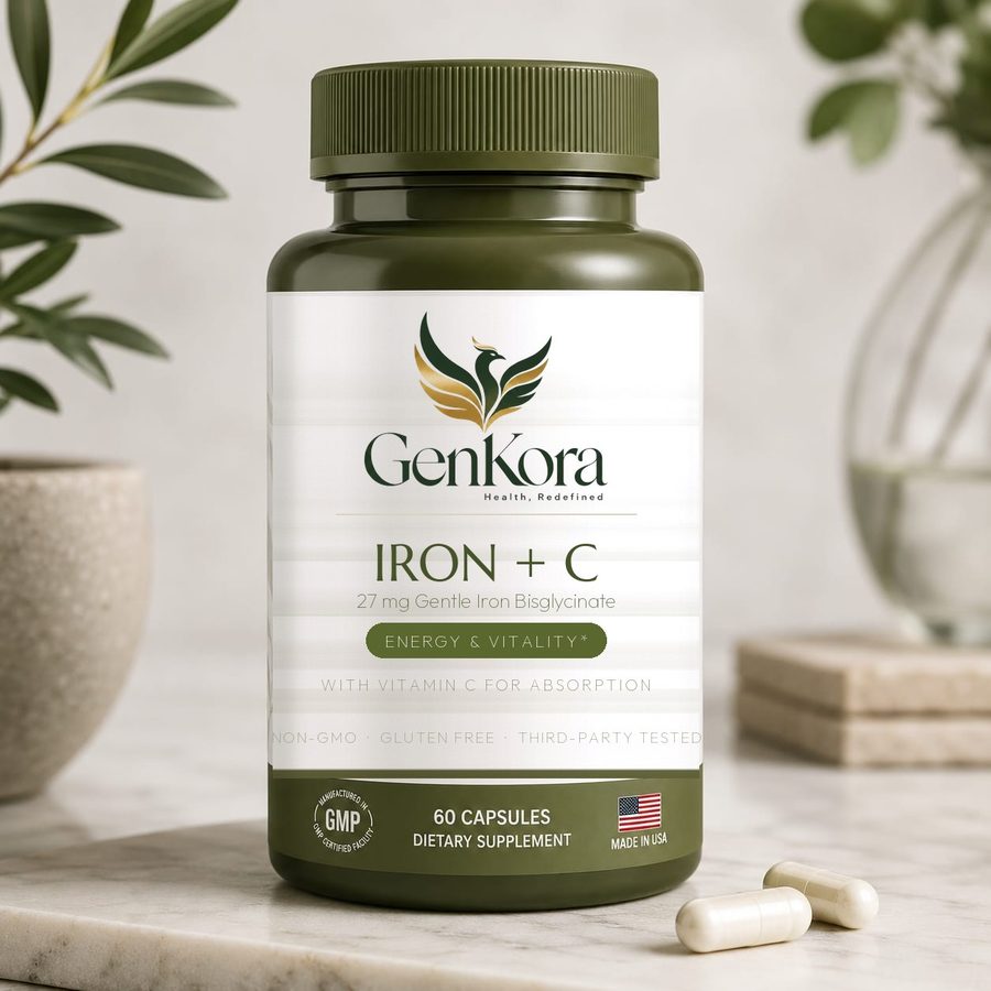 GenKora Iron + C bottle — 27 mg gentle iron bisglycinate with vitamin C, 60 capsules