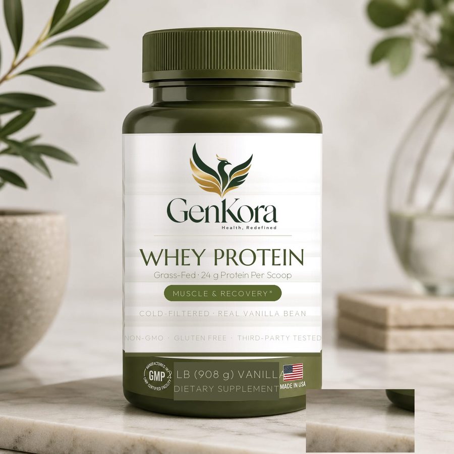 GenKora Whey Protein — grass-fed, 24 g protein per scoop, vanilla, 2 lb